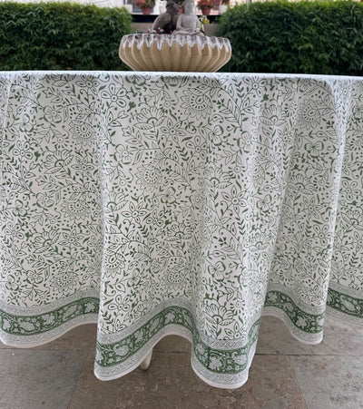 Fabricrush Round Tablecloth, Sage Green Jaal Indian Hand Block Floral Printed Table Cover, Vintage, French Tablecloth, Flower Prints, Home and Living