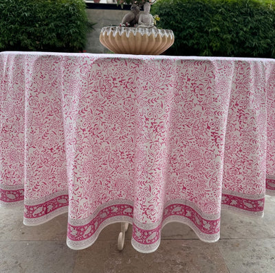 Fabricrush Round Tablecloth, Rose Pink Indian Hand Block Floral Printed 100% Cotton Table Cover, Vintage, French Tablecloth, Botanical Prints, Home and Living