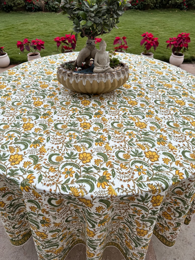 Fabricrush Round Tablecloth, Indian Hand Block Floral Printed Table Cover 100% Cotton Fabric, Vintage French Tablecloth