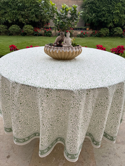 Fabricrush Round Tablecloth, Sage Green Jaal Indian Hand Block Floral Printed Table Cover, Vintage, French Tablecloth, Flower Prints, Home and Living