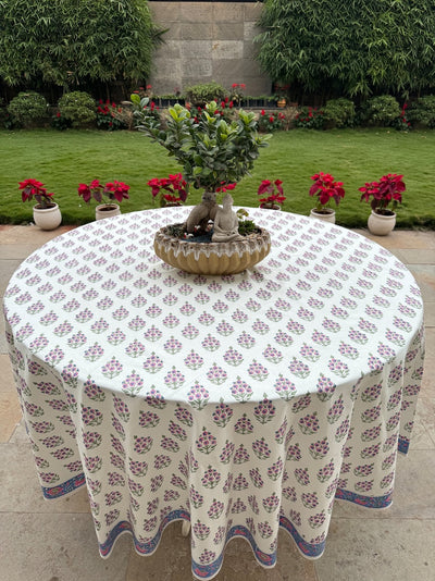 Fabricrush Round Tablecloth Rudy Blue Border, Pink and Green 100% Cotton Block Print Table Cover Home and Living