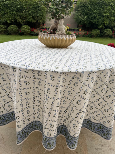 Fabricrush Indian Hand Block Printed Floral Round Tablecloth Powder and Pigeon Blue 100% Cotton Fabric Table Cover for Easter