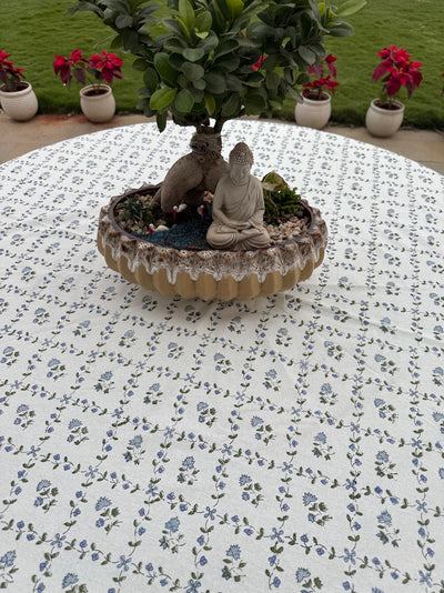 Fabricrush Indian Hand Block Printed Floral Round Tablecloth Powder and Pigeon Blue 100% Cotton Fabric Table Cover for Easter