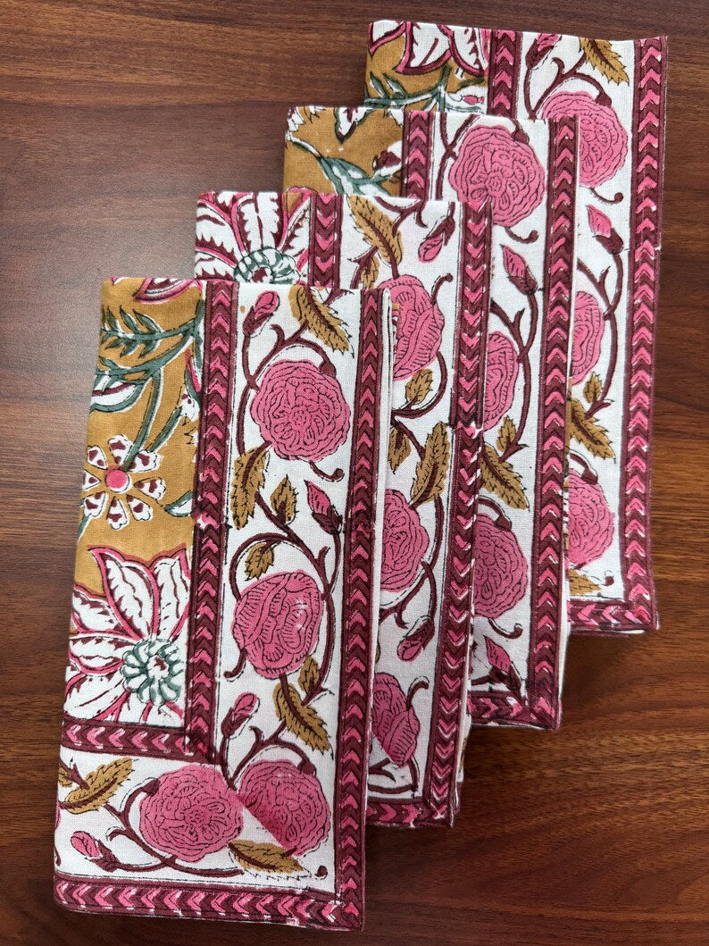 Handblock Printed Biscotti Yellow Floral Napkins Product Image 2