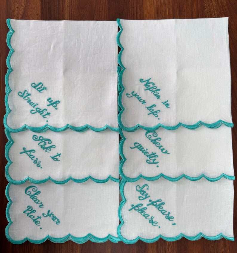White Linen Napkins with Embroidery Quotes