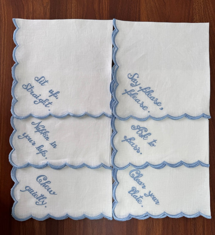 White Linen Napkins with Embroidery Quotes