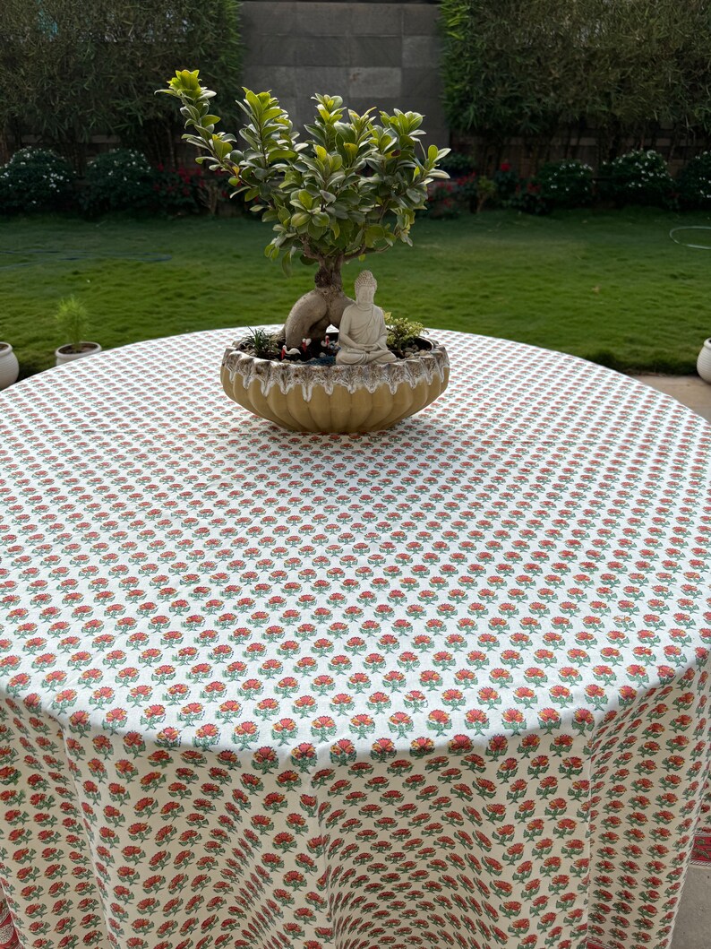 Fabricrush Mecca Orange and Green Indian Hand Block Floral Printed Pure Cotton Cloth Round Tablecloth, Table Cover for Farmhouse Wedding Party Outdoor