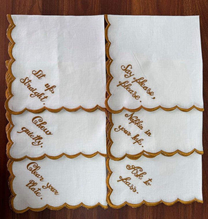 White Linen Napkins with Embroidery Quotes