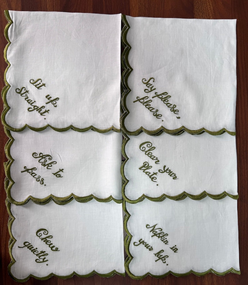 White Linen Napkins with Embroidery Quotes