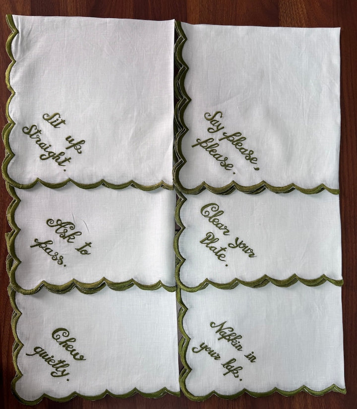 White Linen Napkins with Embroidery Quotes