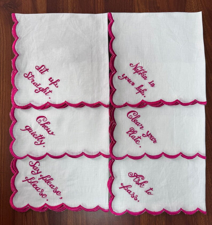 White Linen Napkins with Embroidery Quotes