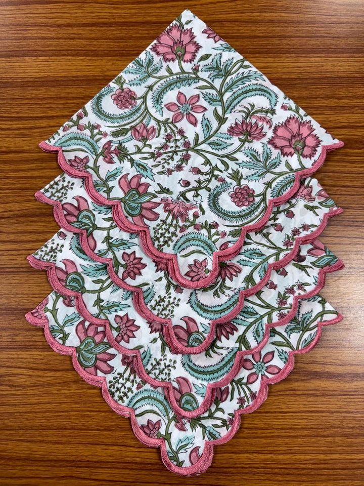 Tulip Pink and Mint Green Scallop Embroidery Napkins