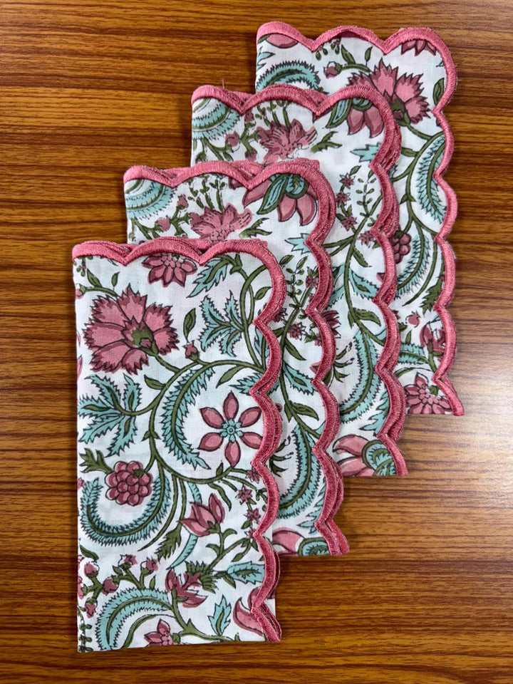 Tulip Pink and Mint Green Scallop Embroidery Napkins
