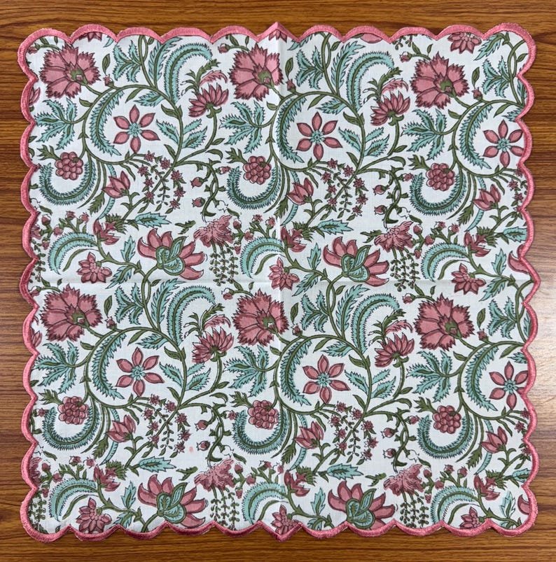 Tulip Pink and Mint Green Scallop Embroidery Napkins