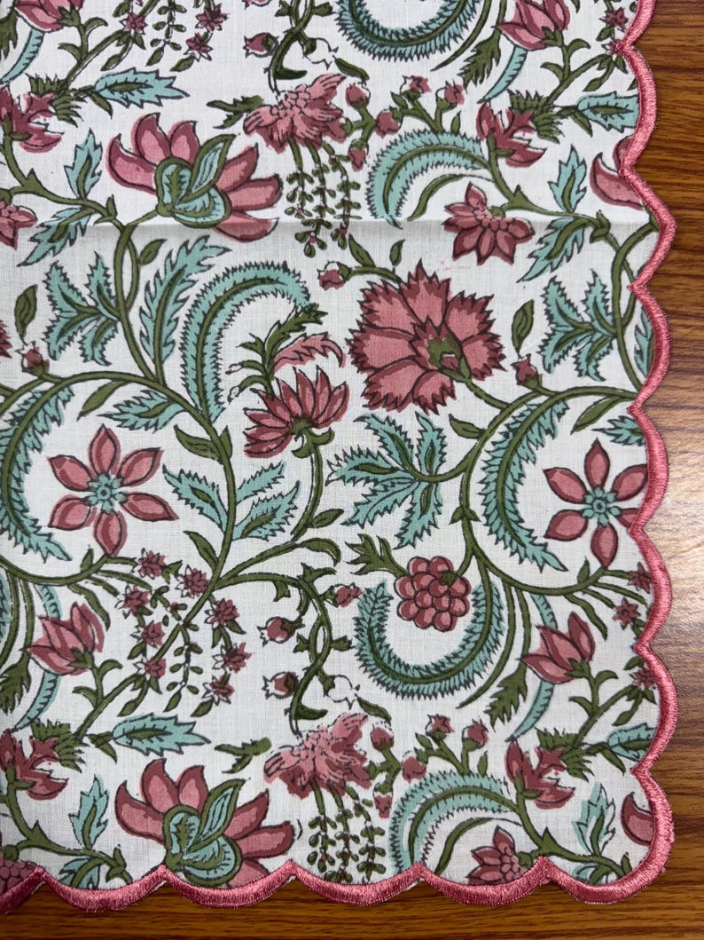 Tulip Pink and Mint Green Scallop Embroidery Napkins