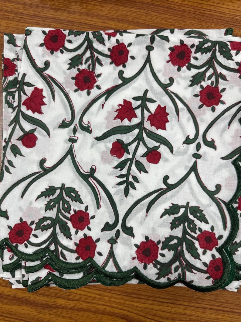 Ruby Red and Emerald Green Scallop Embroidery Napkins