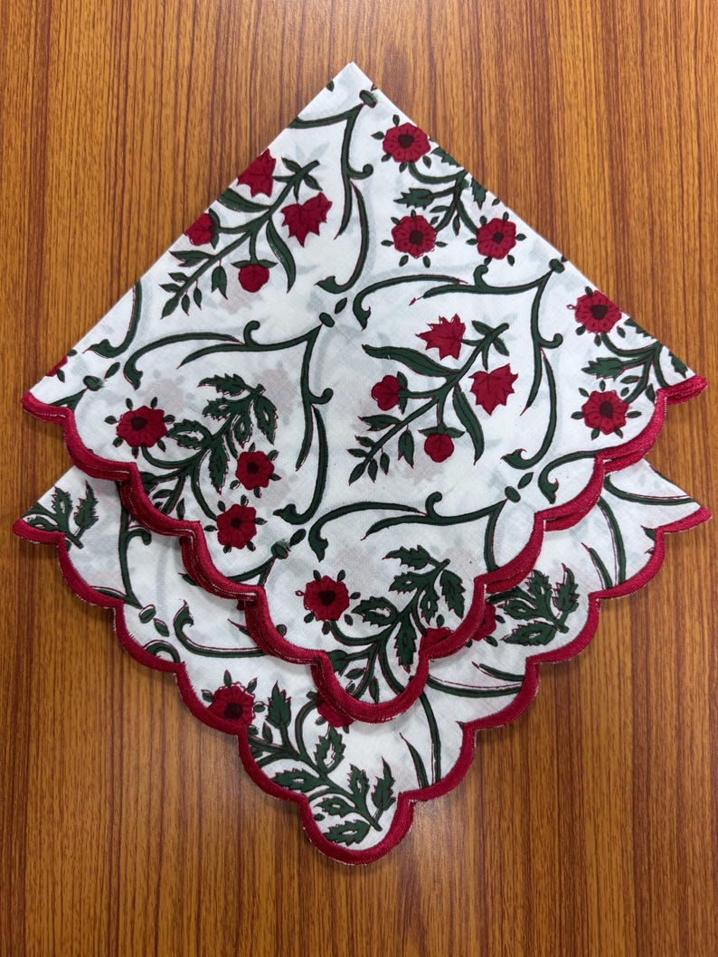 Ruby Red and Emerald Green Scallop Embroidery Napkins