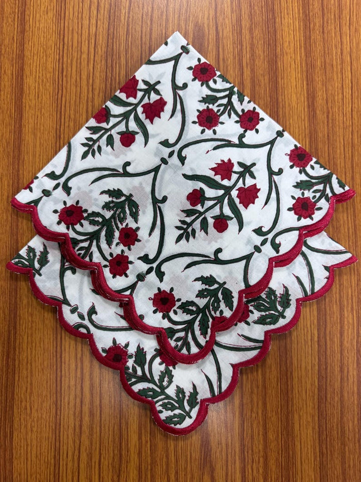 Ruby Red and Emerald Green Scallop Embroidery Napkins