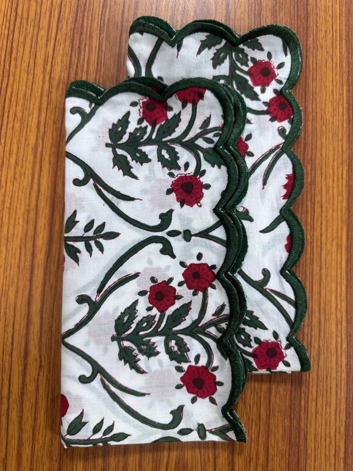 Ruby Red and Emerald Green Scallop Embroidery Napkins