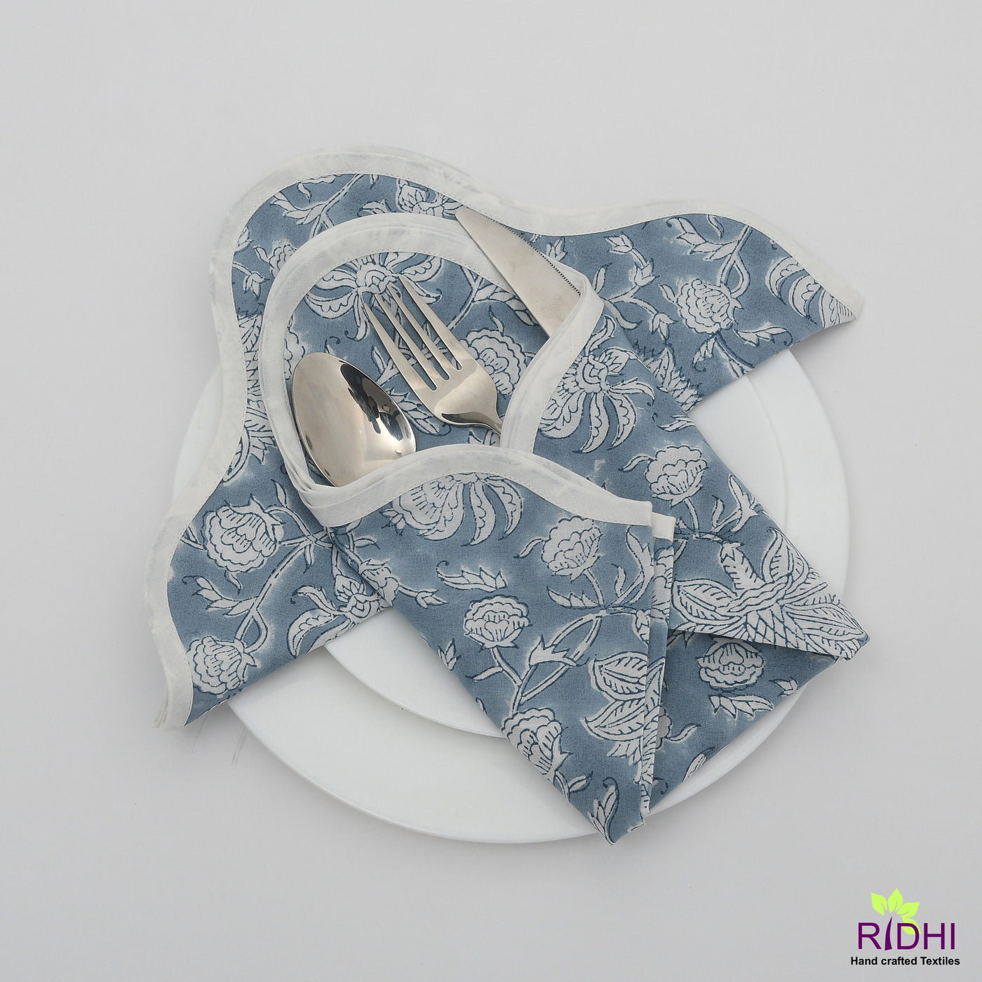Fabricrush Airforce Blue and White Indian Hand Block Floral Piping Cotton Cloth Napkins, Wedding Home Event Party Garden Outdoor Fall Kitchen Farmhouse
