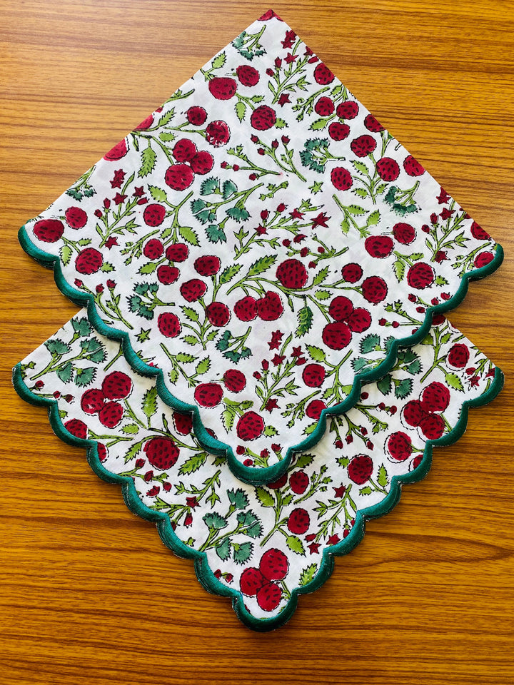 Garnet Red & Cherry Print Scallop Embroidery Napkins