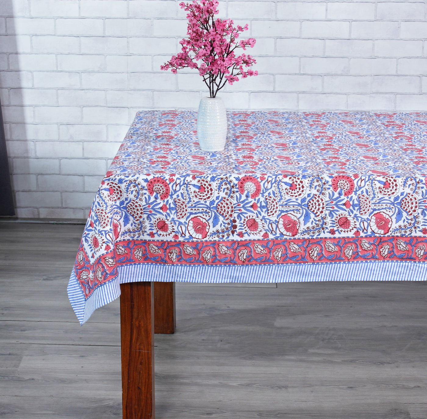 Fabricrush Pigeon Blue and flamingo pink on white Flower Design Hand Block Print Tablecloth Table Cover And Linen Set Gift For Mom and Gift For Her
