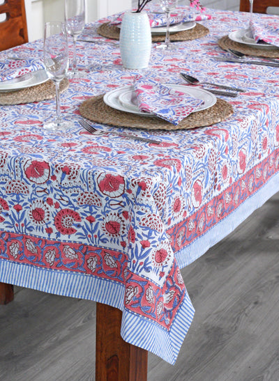 Fabricrush Pigeon Blue and flamingo pink on white Flower Design Hand Block Print Tablecloth Table Cover And Linen Set Gift For Mom and Gift For Her
