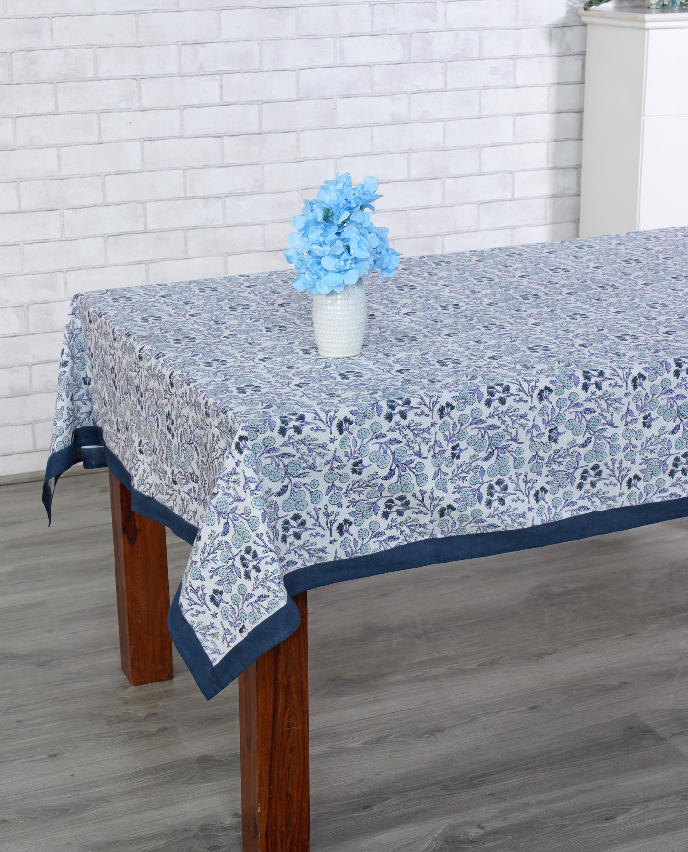 Fabricrush Denim and Baby Blue Indian Handicraft Block Printing 100% Pure Cotton Border Design Tablecloth And  Table Cover