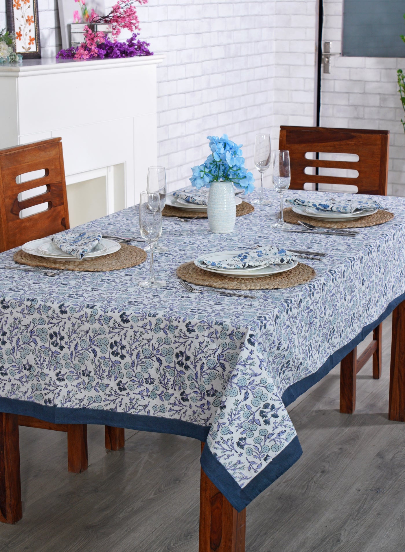 Fabricrush Denim and Baby Blue Indian Handicraft Block Printing 100% Pure Cotton Border Design Tablecloth And  Table Cover