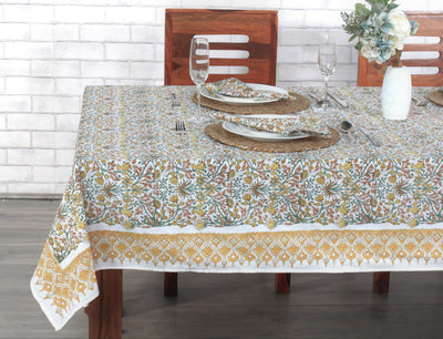 Fabricrush Goldenrod Yellow, Fern Green and Peanut Brown Indian Hand Block Printed 100% Cotton Tablecloth And Table Cover For Farmhouse Wedding Holiday Gifts