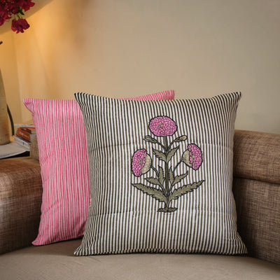 The Fabricrush  Pillowcases & Shams Pink Striped Embroidery Flower Cushion Cover