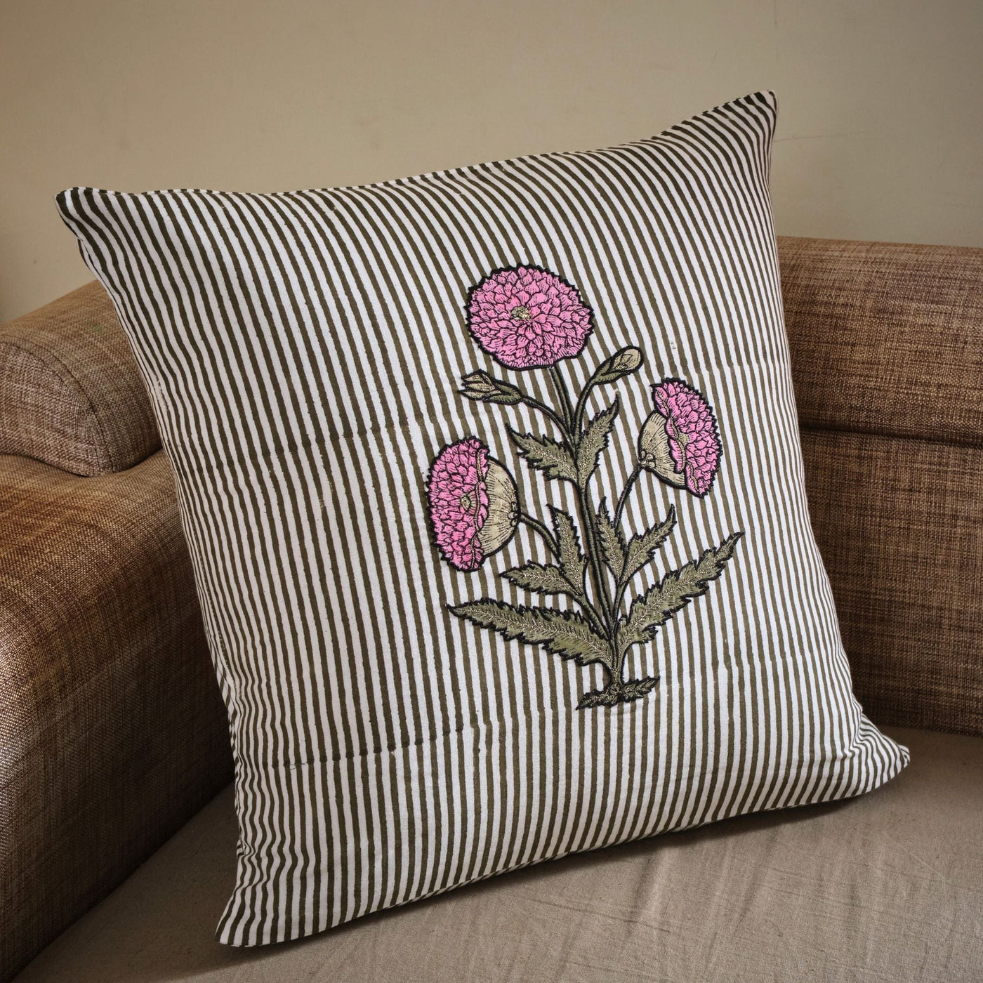 The Fabricrush  Pillowcases & Shams Pink Striped Embroidery Flower Cushion Cover