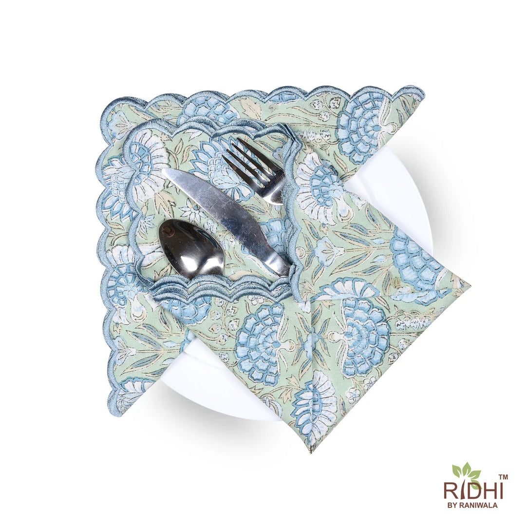 Hand Block Printed Asparagus Green Gad Scallop Embroidery Napkins Product Image 1