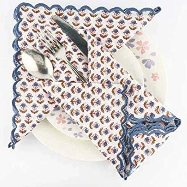 Denim Blue & Army Green Scallop Embroidery Napkins