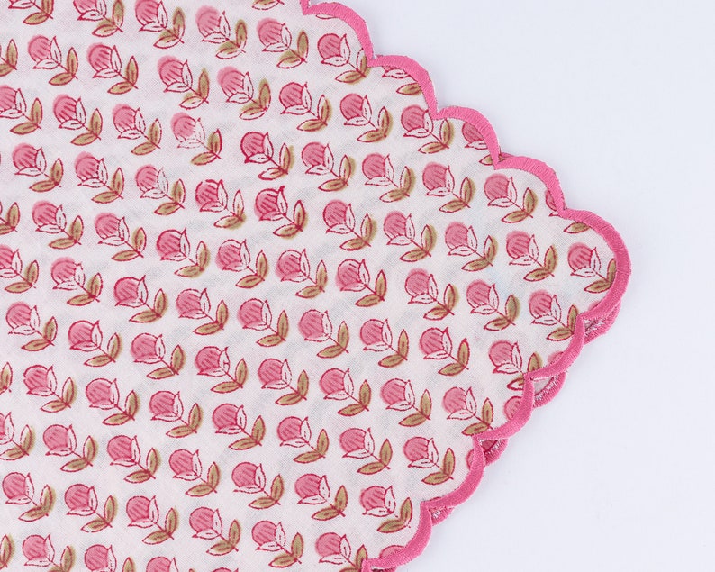 Punch Pink and Army Green Scallop Embroidery Napkins