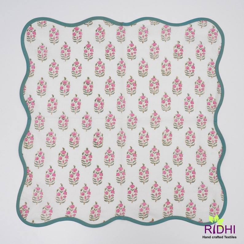 Fabricrush Punch Pink, Uniform Green Indian Hand block Floral Piping Soft Cotton Cloth Napkins, Wedding Home Event Party, 20X20"- Dinner Napkins