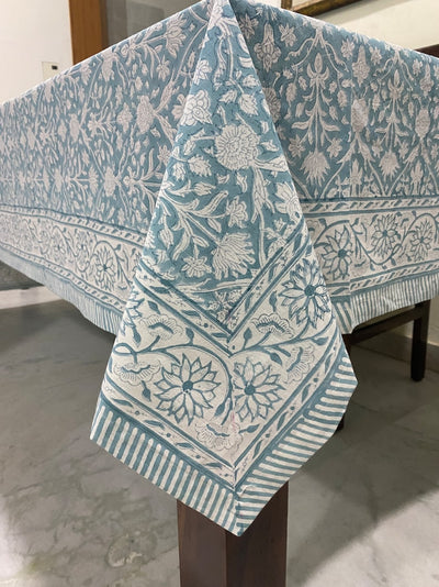 Fabricrush Teal Grey and White Indian Hand Block Floral Printed Cotton Tablecloth with Border design, Table cover, Table Linen for Wedding Events Home