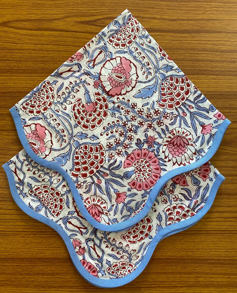 Fabricrush Pigeon Blue, Flamingo Pink Indian Hand Block Floral Printed Cotton Cloth Napkins, Wedding Home Party Event Garden Patio Fall Decor Housewarming Anniversary, Gifts, 20x20"- Dinner Napkins