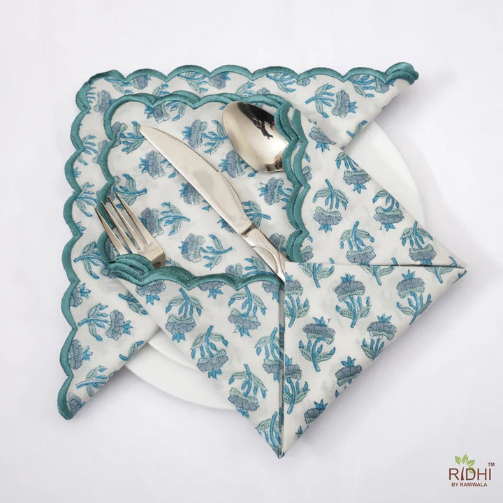 Hand Block Printed Carolina and Teal Blue Scallop Embroidery Napkins Product Image 1