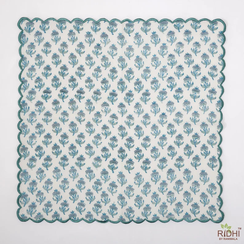 Hand Block Printed Carolina and Teal Blue Scallop Embroidery Napkins Product Image 2