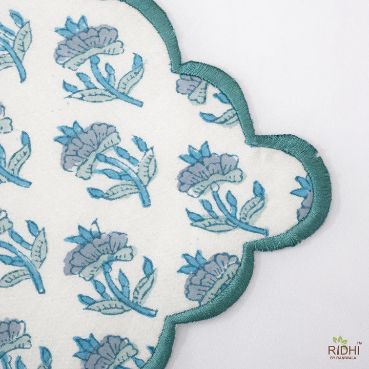 Hand Block Printed Carolina and Teal Blue Scallop Embroidery Napkins Product Image 4