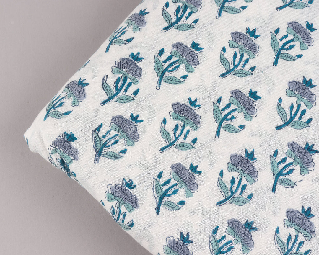 Carolina & Teal Blue Hand-Block Printed Cotton Fabric