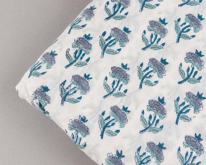 Carolina & Teal Blue Hand-Block Printed Cotton Fabric