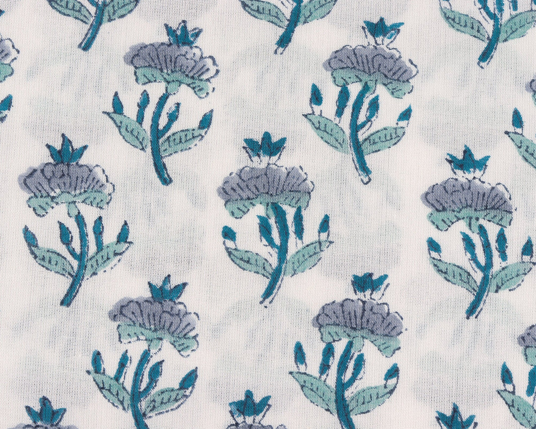 Carolina & Teal Blue Hand-Block Printed Cotton Fabric