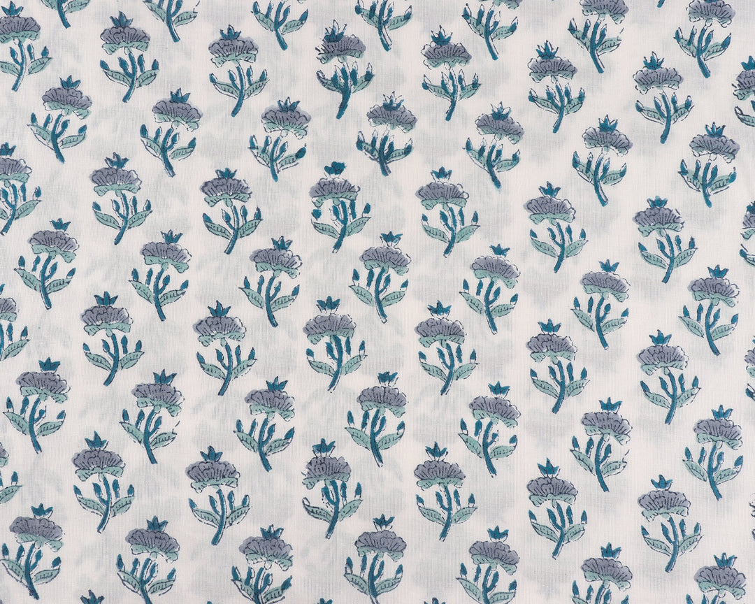 Carolina & Teal Blue Hand-Block Printed Cotton Fabric