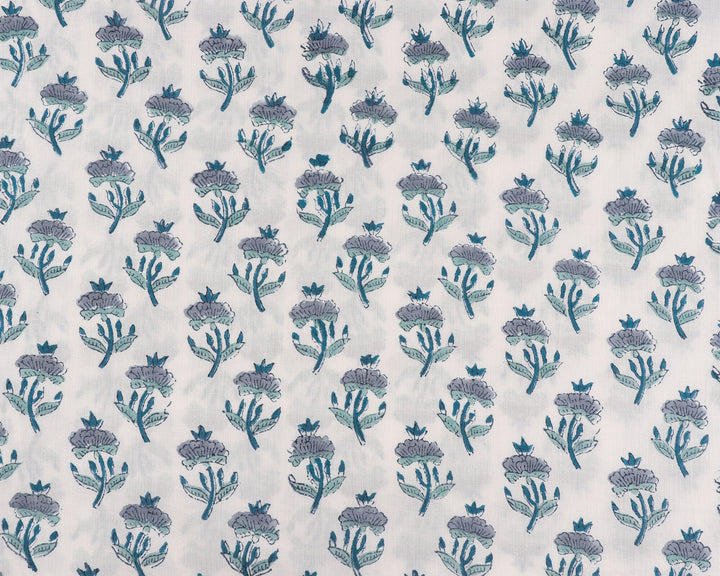 Carolina & Teal Blue Hand-Block Printed Cotton Fabric