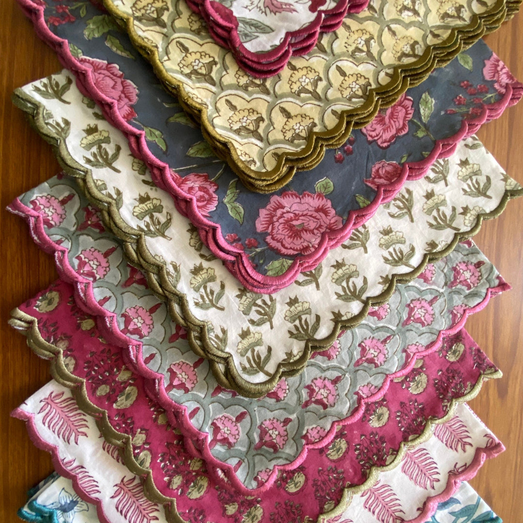 Hand Block Printed Mix and Match Scallop Embroidery Napkins Set product image 1