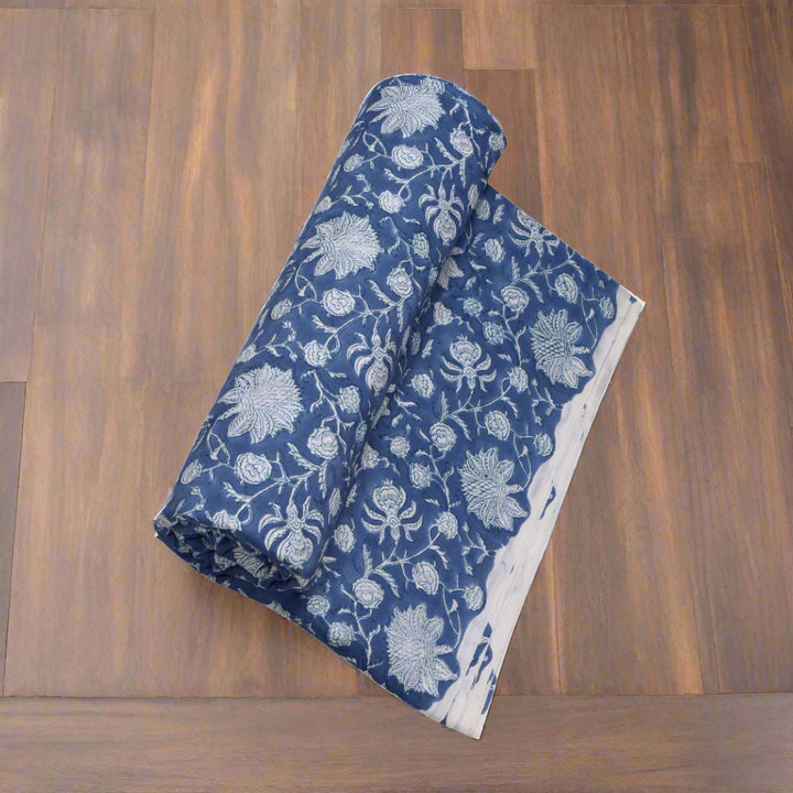 Aegean Blue and White Hand-Block Printed Cotton Fabric Product Image 1