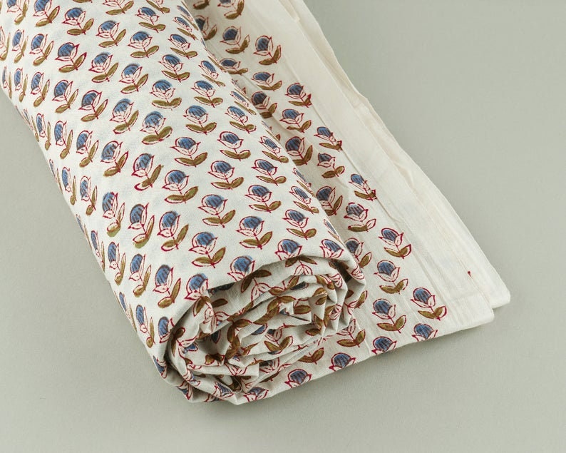 Denim Blue & Army Green Hand-Block Printed Fabric