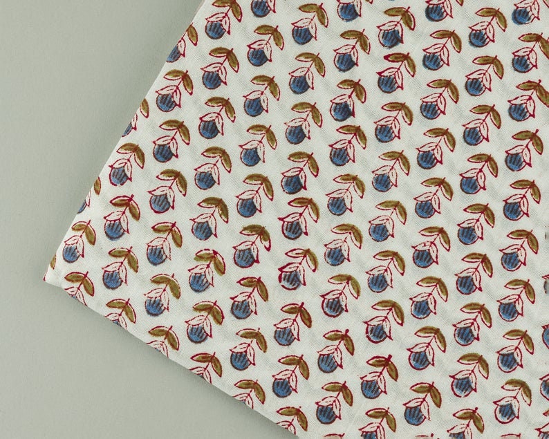 Denim Blue & Army Green Hand-Block Printed Fabric
